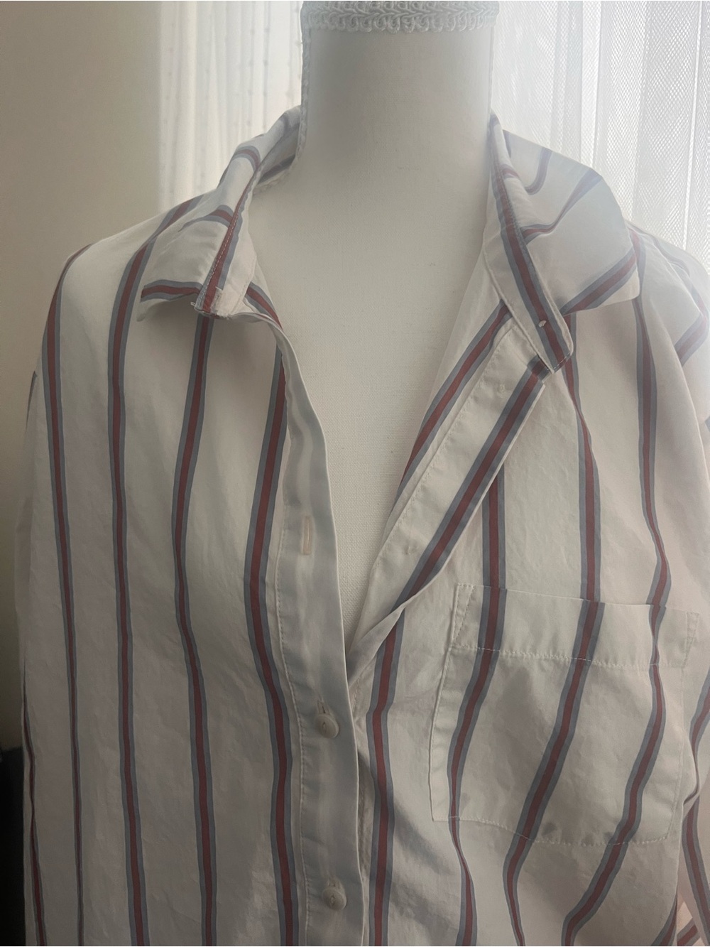 Madewell White Button-Up Blouse with Red and Blue Stripes